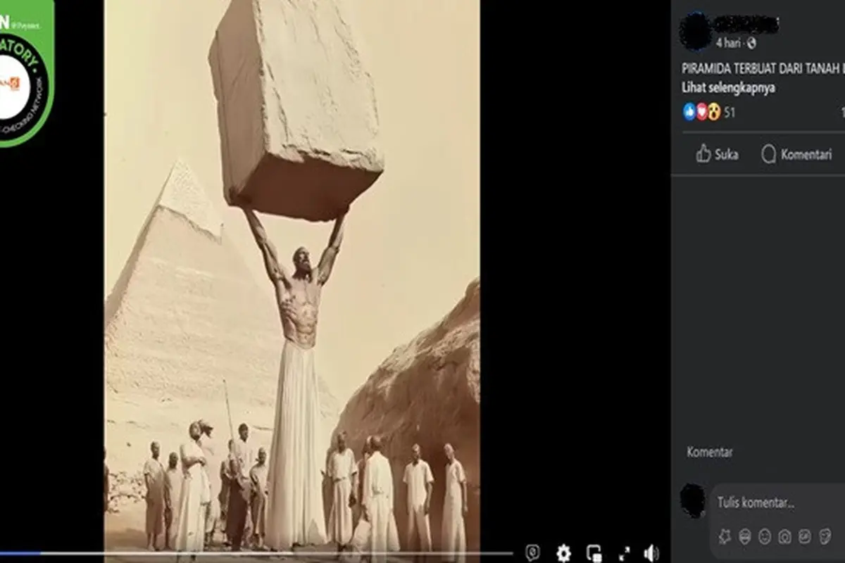 Gambar tangkapan layar video yang diklaim pembangunan Piramida di Mesir oleh manusia raksasa. (sumber: Facebook)