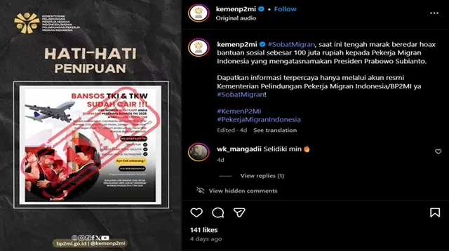Gambar tangkapan layar postingan dari akun Instagram @kemenp2mi.