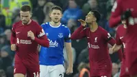 Ekspresi Cody Gakpo usai mencetak gol ke gawang Everton pada lanjutan Liga Inggris 2022/2023 di Anfield, Selasa (14/2/2023) dini hari WIB. (AP Photo/Jon Super)