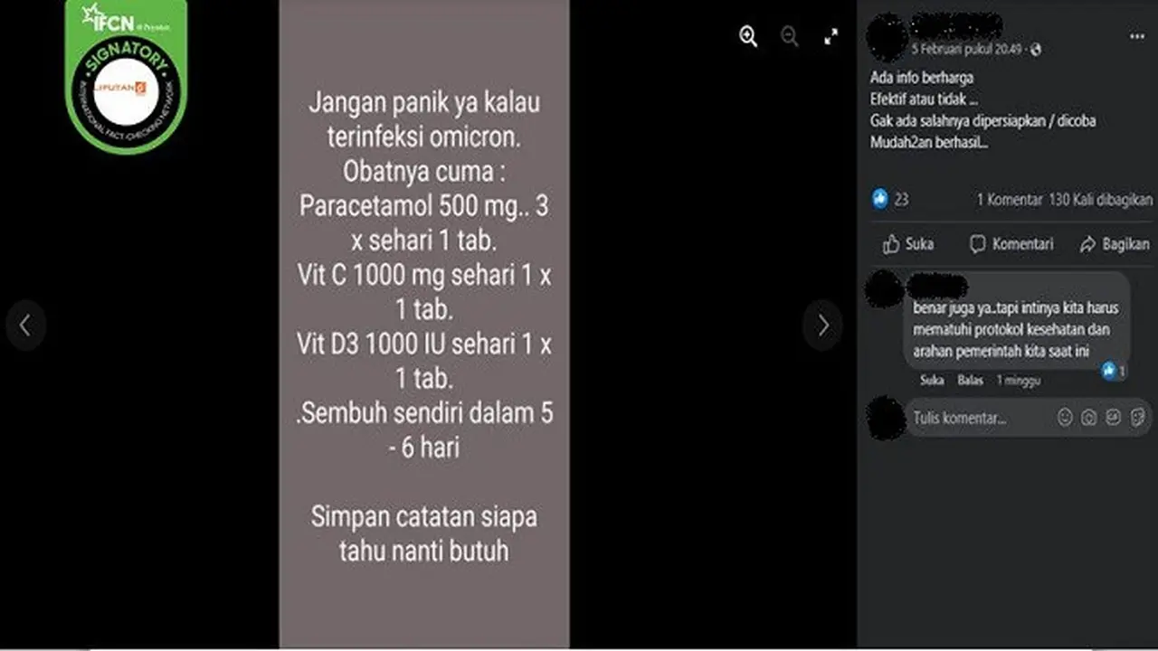 Gambar Tangkapan Layar Klaim Paracetamol hingga Vitamin D3 Sebagai Obat Penyembuh COVID-19 Varian Omicron (sumber: Facebook).