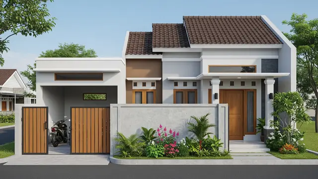 Contoh Desain Rumah 6x9 dengan Garasi Motor dan Taman Depan