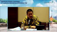 Direktur Utama Garuda Indonesia, Irfan Setiaputra saat paparan publik tahunan PT Garuda Indonesia Tbk (GIAA), Selasa (27/12/2022). (Foto: tangkapan layar/Pipit I.R)
