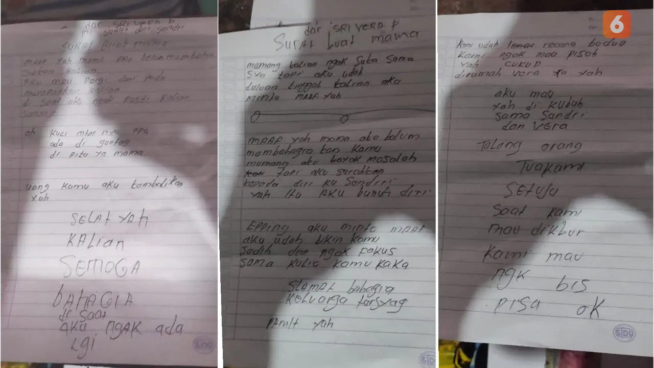 Tiga lembar surat yang ditinggalkan oleh sepasang kekasih yang bunuh diri di Toraja Utara