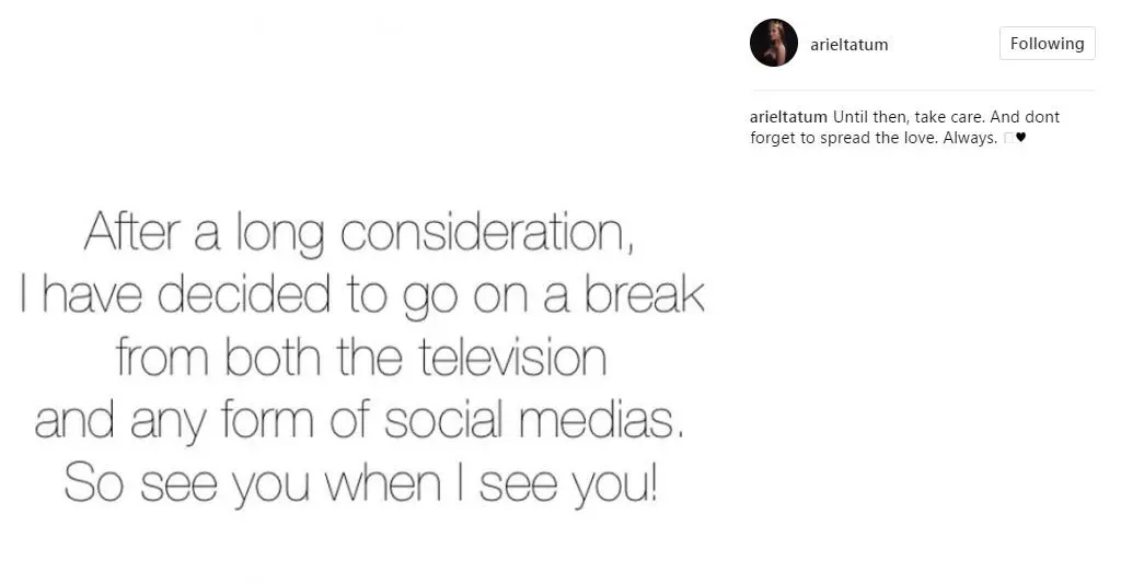 Ariel Tatum mengumumkan istirahat dari TV dan media sosial (Instagram/arieltatum)