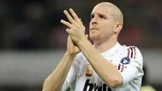 Reaksi bek AC Milan, Philippe Senderos di laga pertamanya bersama Rossoneri di ajang UEFA Cup melawan Braga di San Siro Stadium, Milan, 6 November 2008. AFP PHOTO/GIUSEPPE CACACE 