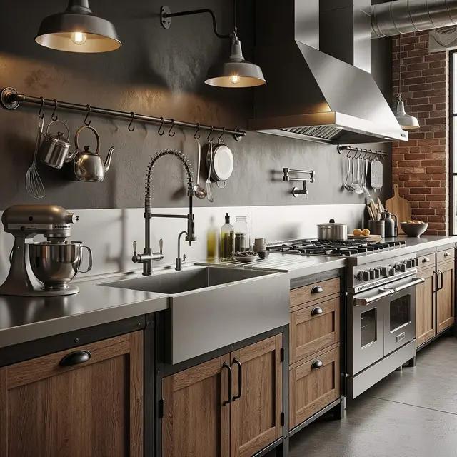Desain Dapur Industrial dengan Kombinasi Kayu dan Besi