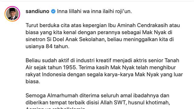 Unggahan Sandiaga Uno untuk Aminah Cendrakasih. (Foto: Dok. Instagram @sandiuno)