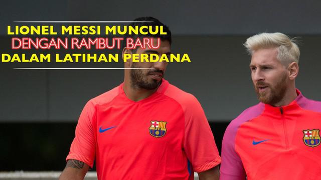 Lionel Messi dengan dandanan barunya muncul di depan publik pertama kali dalam latihan bersama Barcelona di St George's Park, Inggris.