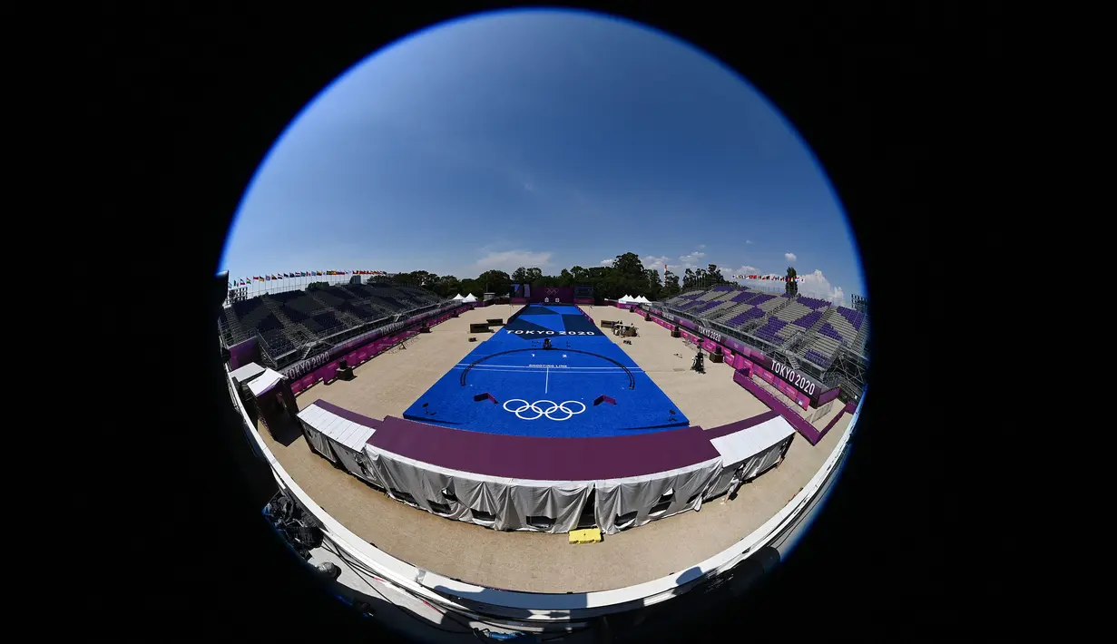 Lapangan Panahan Taman Yumenoshima merupakan venue yang dibangun di area taman situs Pulau Impian, Jepang. Pada Olimpiade 2020, fasilitas ini akan digunakan untuk cabang olah raga panahan. (Foto: AFP/Adek Berry)