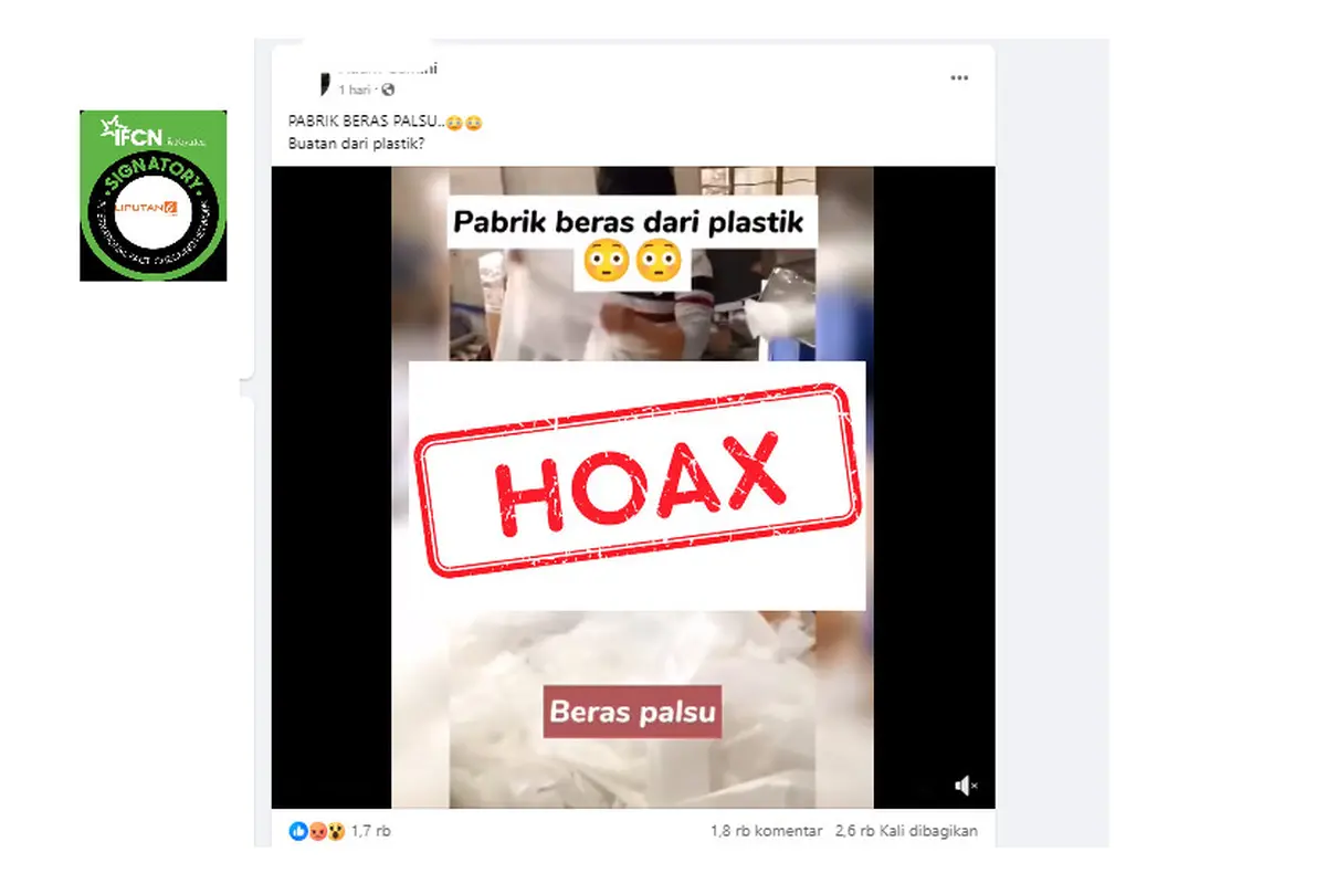 Tangkapan layar salah satu hoaks seputar beras plastik
