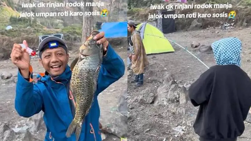 Viral Momen Pendaki Mancing di Gunung Rinjani, Dapat Ikan Besar