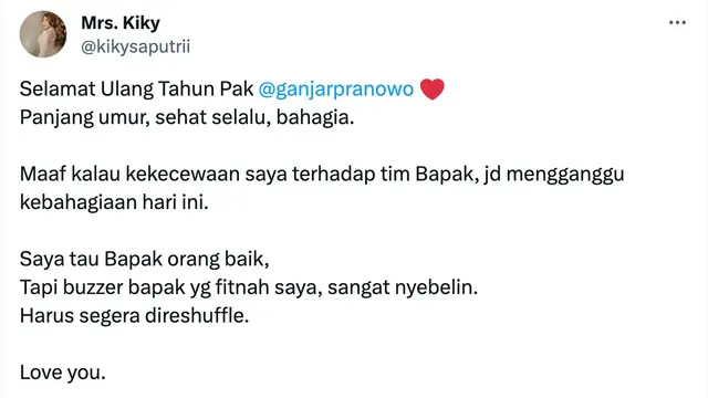 Cuitan KIky Saputri untuk Ganjar Pranowo. (Foto: Dok. Twitter @kikysaputrii)