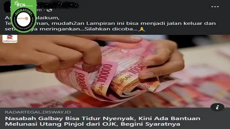 Gambar tangkapan layar adanya informasi palsu atau hoaks soal program bantuan untuk melunasi utang pinjol dari OJK. (sumber: Facebook)