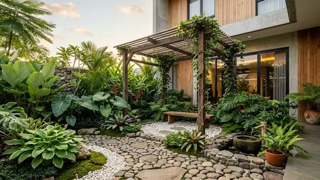 Halaman Zen Tropis dengan Pergola Kayu Sederhana