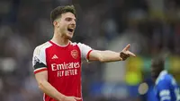 Ekspresi Declan Rice, pemain Arsenal, pada pertandingan Liga Inggris di markas Everton, Goodison Park, Minggu, 17 September 2023. (AP Photo/Jon Super)