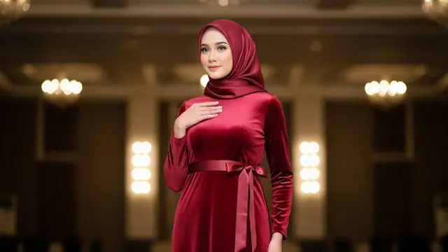 Velvet Lurus Burgundy dengan Aksen Pita Pinggang
