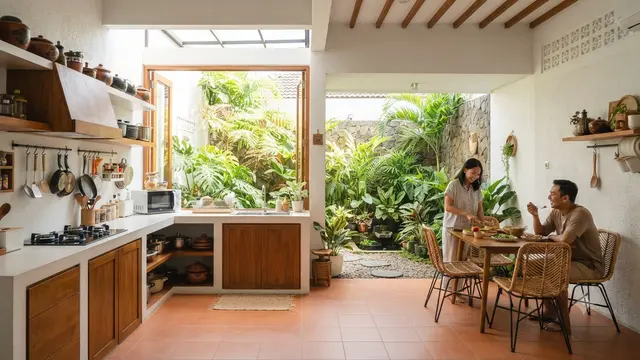 Desain Rumah 6x12 Meter Model Inner Courtyard yang Tetap Nyaman dan Terasa Luas Model Taman Samping Terbuka Menyatu Dapur