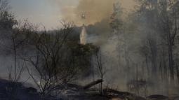 Helikopter polisi menjatuhkan air di atas api yang membakar Taman Juquery di Franco da Rocha, wilayah Sao Paulo, Brasil, Senin (23/8/2021). Otoritas setempat masih menyelidiki asal dari balon udara panas kertas ilegal yang mendarat dan menyebabkan kebakaran tersebut. (AP/Andre Penner)