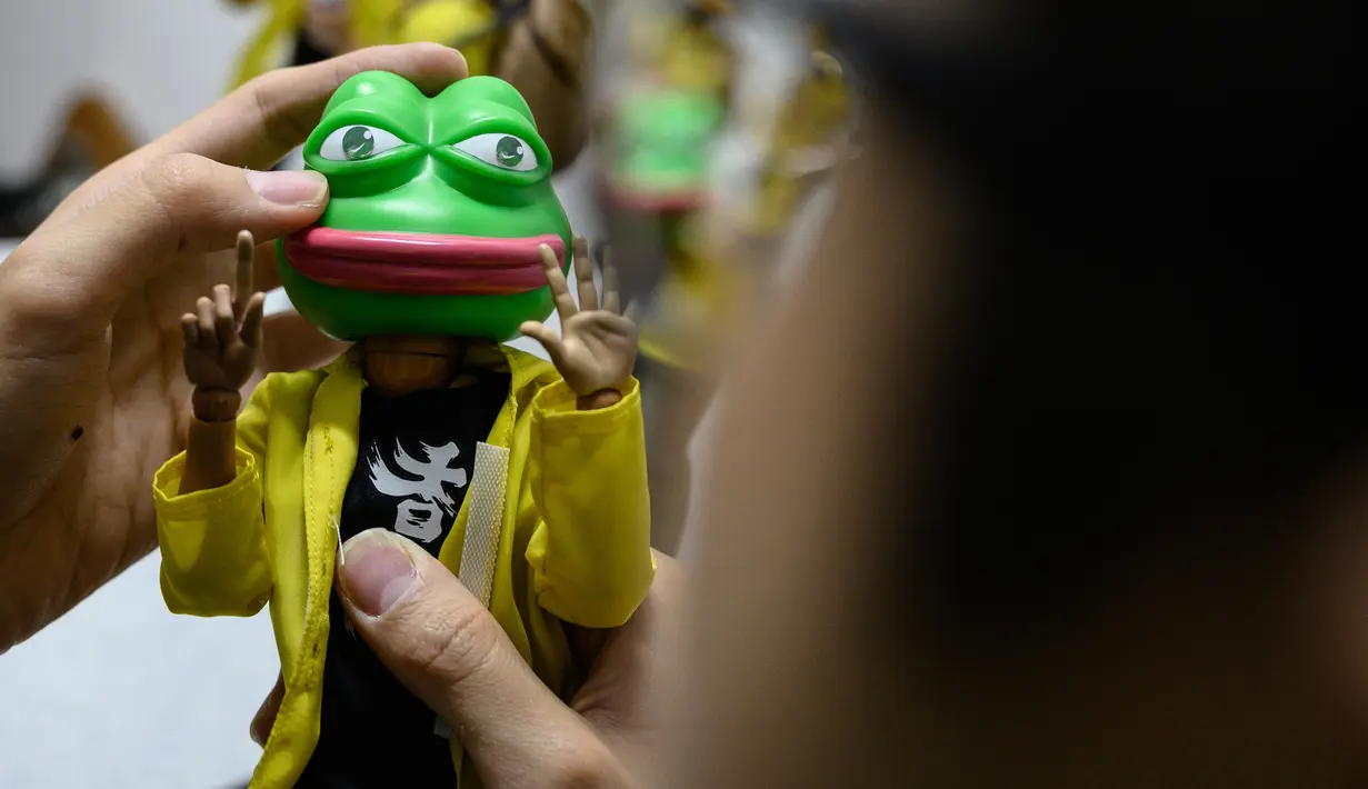 Action figure karakter pemrotes pro-demokrasi Hong Kong mengenakan Pepe the Frog terpajang di sebuah etalase toko di Hong Kong (14/1/2020). (AFP Photo/Philip Fong)