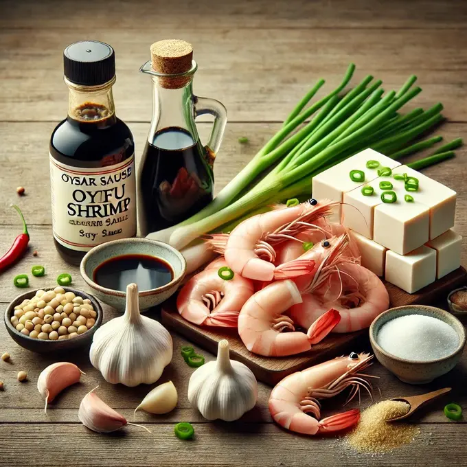 illustrasi bahan-bahan udang saus tiram