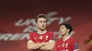 Gelandang Liverpool, Diogo Jota berselebrasi usai mencetak gol ke gawang Midtjylland pada pertandingan grup D Liga Champions di stadion Anfield, di Liverpool, Inggris, Selasa (27/10/2020). Liverpool menang 2-0 atas Midtjylland. (Peter Powell/Pool via AP)