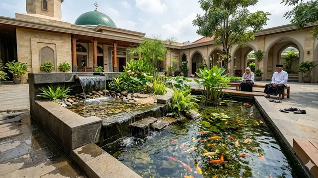 Kolam Ikan dengan Air Mengalir di Teras Masjid (Foto: Gemini AI)