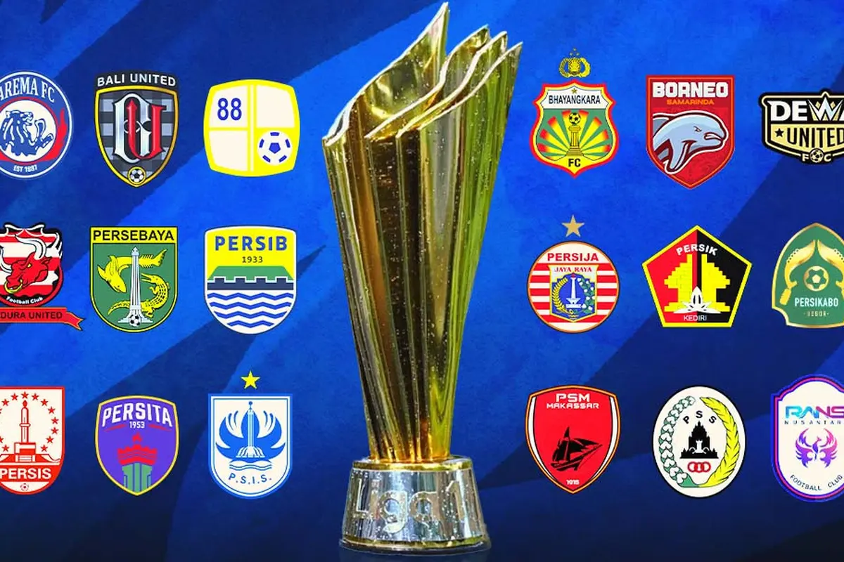 BRI Liga 1 - Ilustrasi Trofi Liga 1 dan Logo Klub