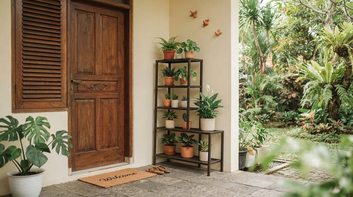 Model Sudut Teras Rumah dengan Rak Tanaman