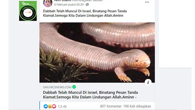Cek Fakta Liputan6.com menelusuri informasi binatang tanda kiamat Dabbah muncul di Israel