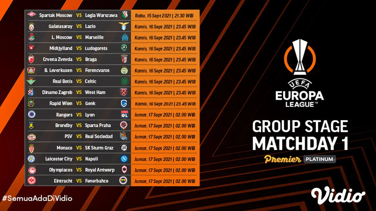 Jadwal dan Live Streaming Liga Eropa 2021/2022 Pekan Pertama di Vidio, 15-17 September 2021