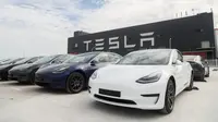 Kendaraan Tesla Model 3 yang diproduksi di China (made in China) di gigafactory Tesla yang terletak di Shanghai, China pada 26 Oktober 2020. Tesla, pabrikan mobil AS, mengumumkan akan mengekspor 7.000 kendaraan Model 3 yang diproduksi di China ke Eropa pada Selasa (27/10). (Xinhua/Ding Ting)