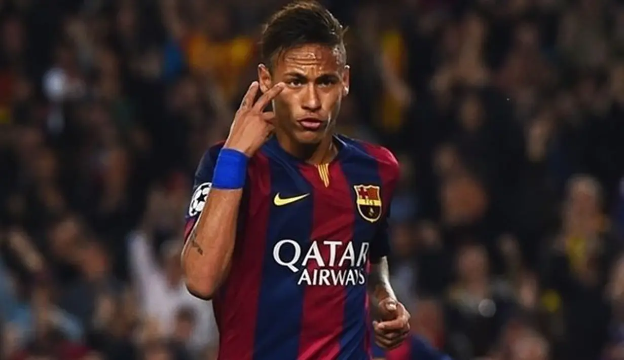 Neymar melakukan selebrasi usai menjaringkan dua gol melawan PSG, Rabu (22/4/2015). Sumber: Uefa.