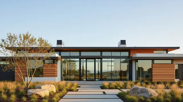 Gambar Rumah Minimalis Tampak Depan dengan Aksen Kaca Modern yang Terlihat Mewah (Image by Gemini AI)