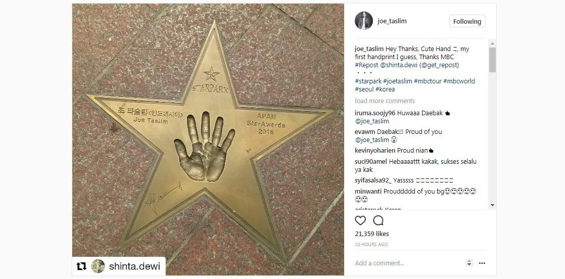 Cetakan tangan Joe Taslim di Star Park, Seoul, Korea Selatan.