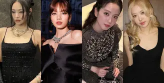 Halter dress bling-bling yang dipadukan dengan fur sleeve beri impresi elegan sekaligus glamor pada penampilan Jennie. [@jennierubyjane].