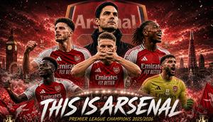Cover ilustrasi Arsenal juara Premier League 2025/2026. (Bola.com/AI Generated)