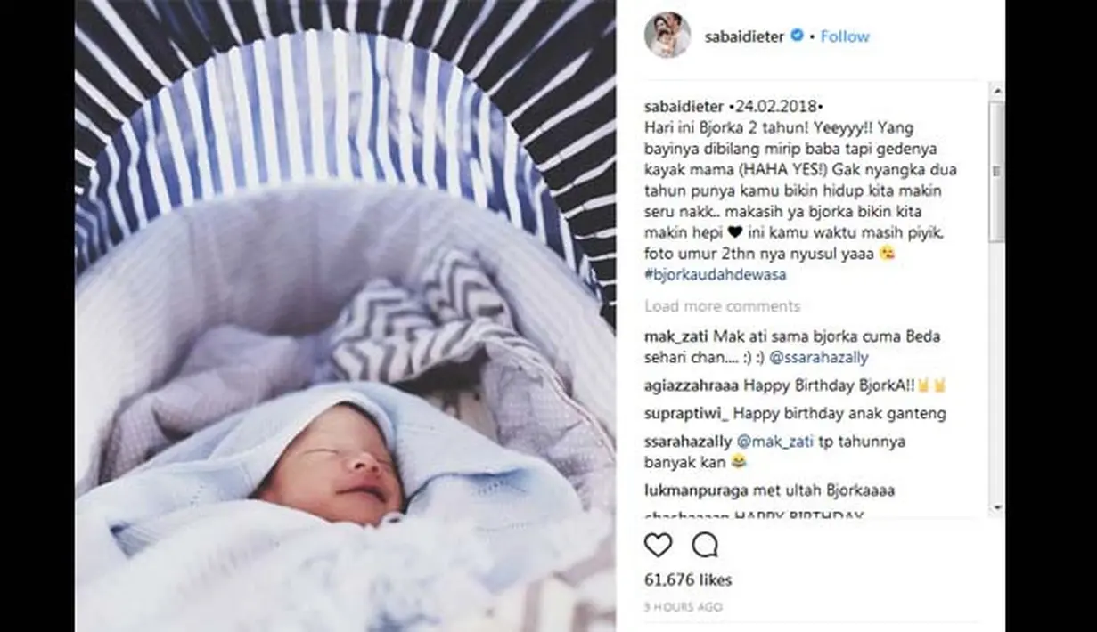 Sebagai ibu yang melahirkan Bjorka, Sabai pastinya sangat bahagia melihat tumbuh kembang anak semata wayangnya itu. Terlebih, Sabai senang sekali kalau sekarang ini Bjorka lebih mirip dengan dirinya. (Instagram)