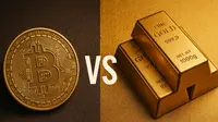 Ilustrasi&nbsp;perbandingan&nbsp;antara aset&nbsp;safe haven emas dengan aset digital&nbsp;Bitcoin. (Foto by AI)