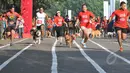 Sejumlah anjing mengikuti lomba lari saat Purina Alpo Dog Run 2015 di Lapangan Parkir Timur Senayan, Jakarta, Minggu (24/5/2015). Acara tersebut dimanfaatkan para pemilik anjing untuk berbagi informasi. (Liputan6.com/Herman Zakharia)