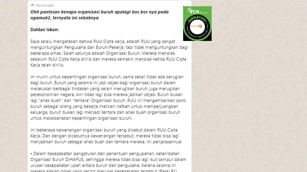 Klaim Tulisan Dahlan Penolakan UU Omnibus Law Kepentingan Organisasi Buruh