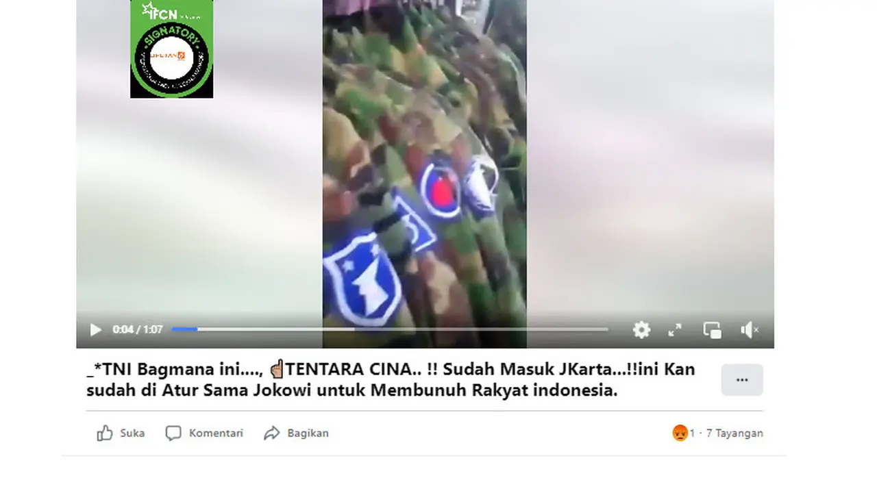 Tangkapan layar  klaim video tentara China sudah masuk Jakarta untuk membunuh rakyat Indonesia