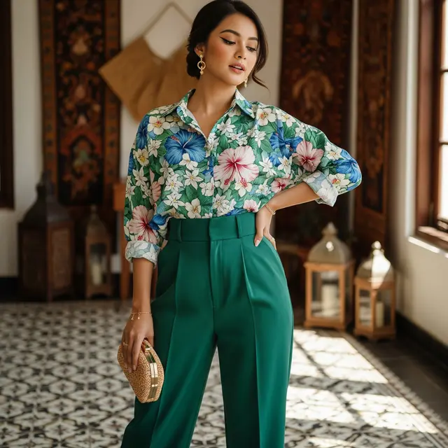 Trend Baju Set Motif Floral dan Celana Polos untuk Lebaran (Gemini AI)