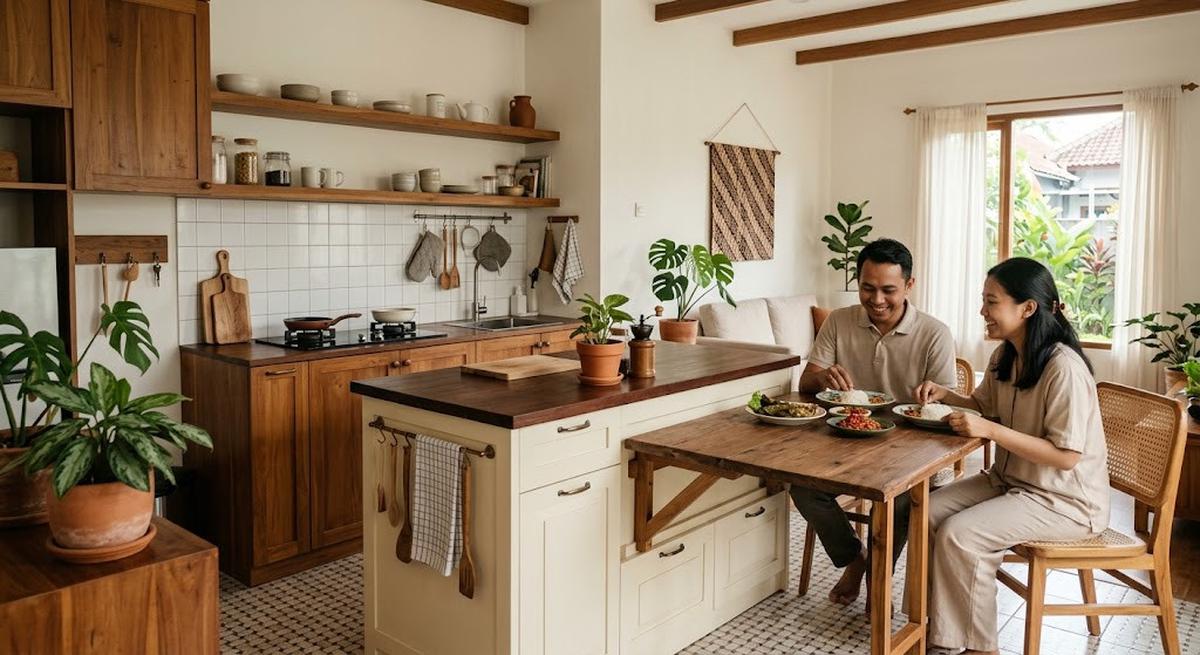 Ide dapur kecil dengan meja makan lipat yang cocok buat rumah minimalis model menyatu dengan kitchen island