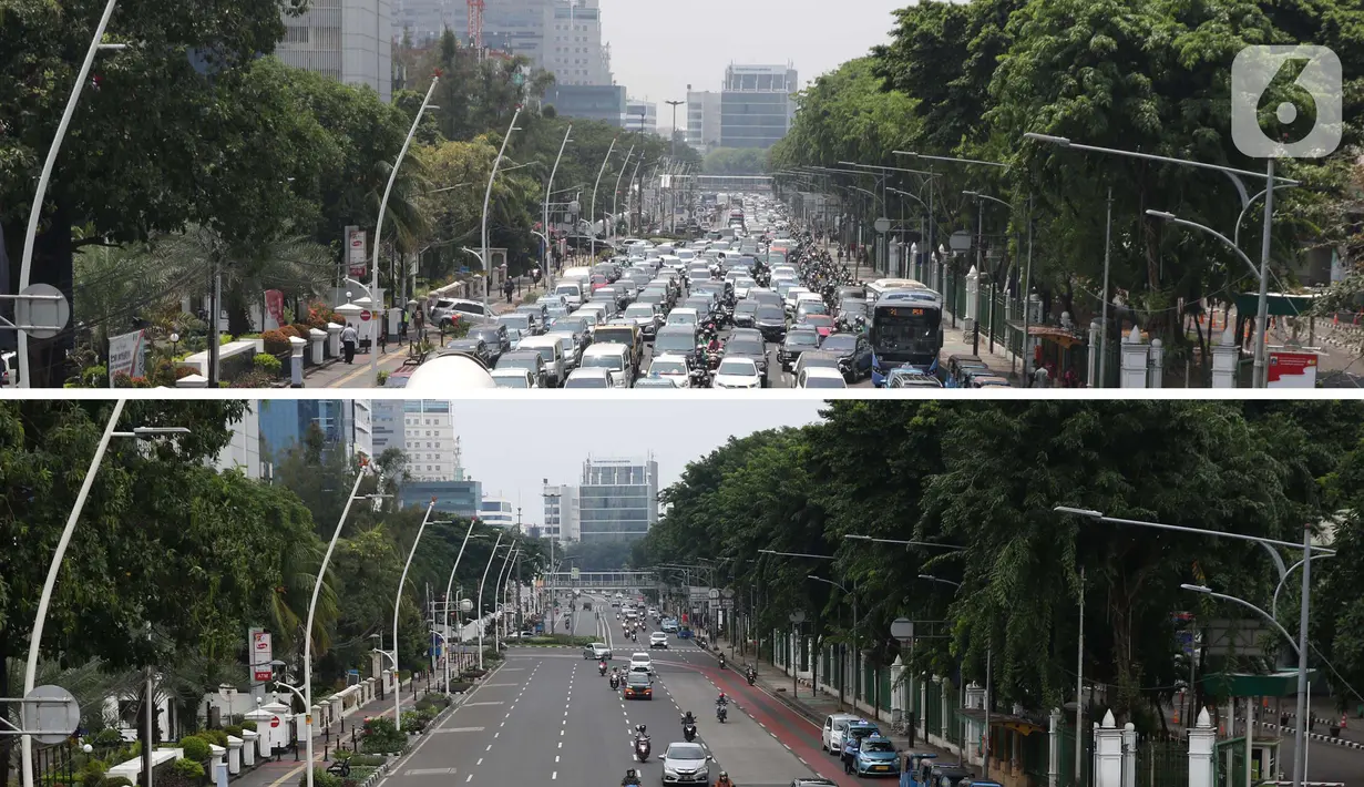 Foto atas menggambarkan suasana Jalan Medan Merdeka Timur, Senin (14/10/2019). Foto bawah dilokasi yang sama, Sabtu (18/04/2020). Lebih dari satu bulan Indonesia terkena pandemi Covid-19, per 18 April 2020 tercatat 6.248 kasus positif, 631 sembuh, 535 meninggal. (Liputan6.com/Helmi Fithriansyah)
