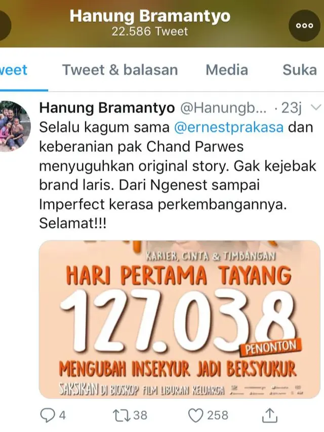 Cuitan Hanung Bramantyo di Twitter. (Foto: Dok. Twitter @hanungbramantyo)
