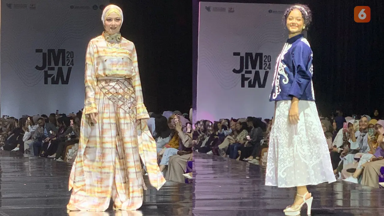 Revalina S. Temat dan Mutiara Baswedan saat jadi muse di ajang Jakarta Modest Fesyen Week (JMFW) 2024 pada Jumat malam (20/10/2023).