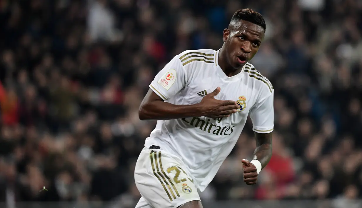 7. Vinicius Junior (Real Madrid) - Pemain berusia 20 tahun asal Brasil ini menunjukan talenta hebat bersama Real Madrid. Vinicius Junior tercatat memecahkan rekor bintang Barcelona Lionel Messi sebagai pencetak gol termuda di El Clasico. (AFP/Javier Soriano)