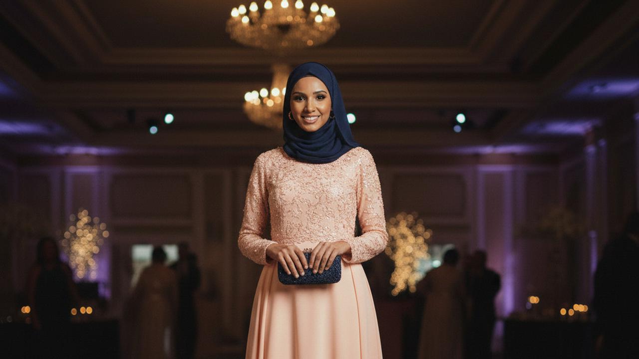 Ilustrasi Busana Peach dan Jilbab Biru