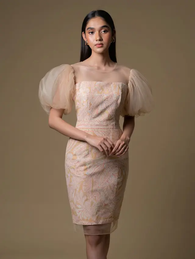 Dress Batik Brokat Lengan Puff Transparan Tulle