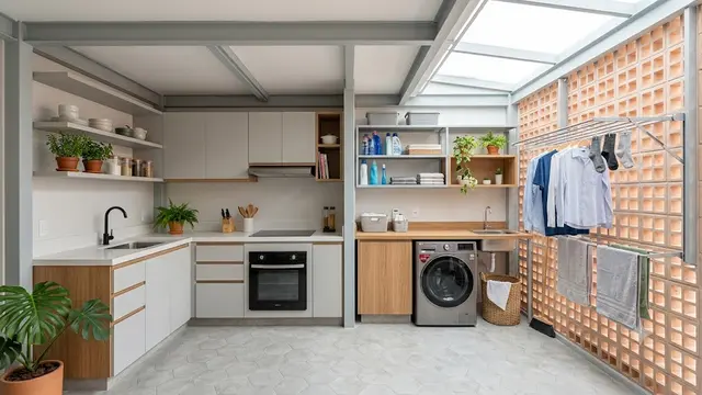 Dapur Kecil Baja Ringan Menyatu dengan Area Cuci Jemur
